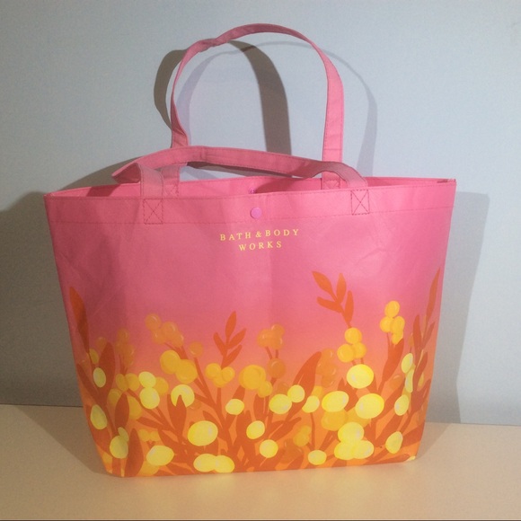 Bath & Body Works Handbags - Bath and Body Works Pink Reusable Bag Yellow Flowers Floral Double Handle Tote